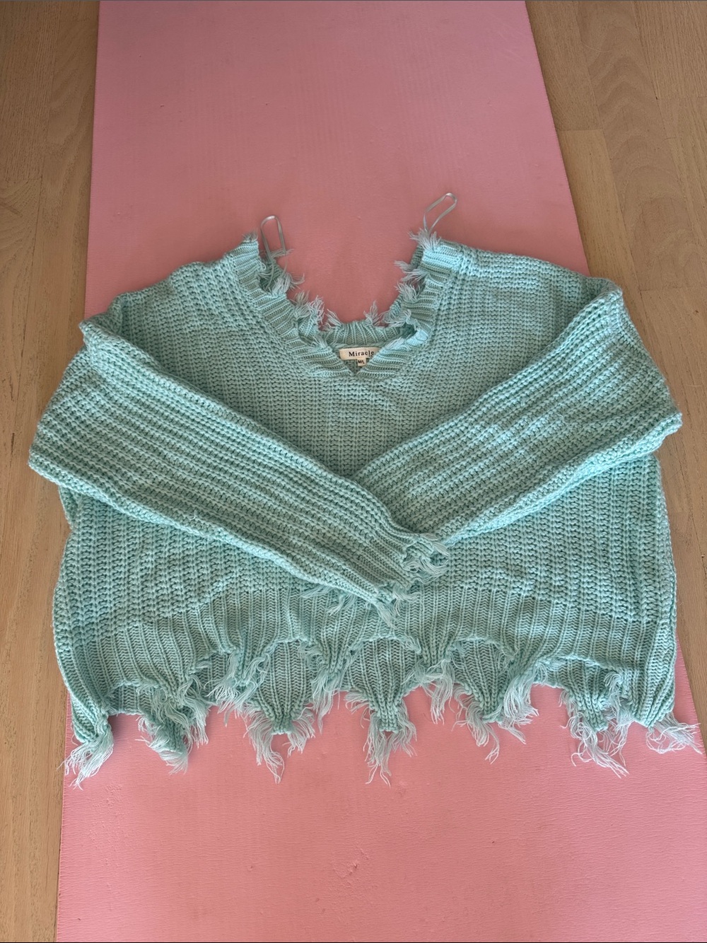 Miracle Seafoam Distressed V-Neck Sweater